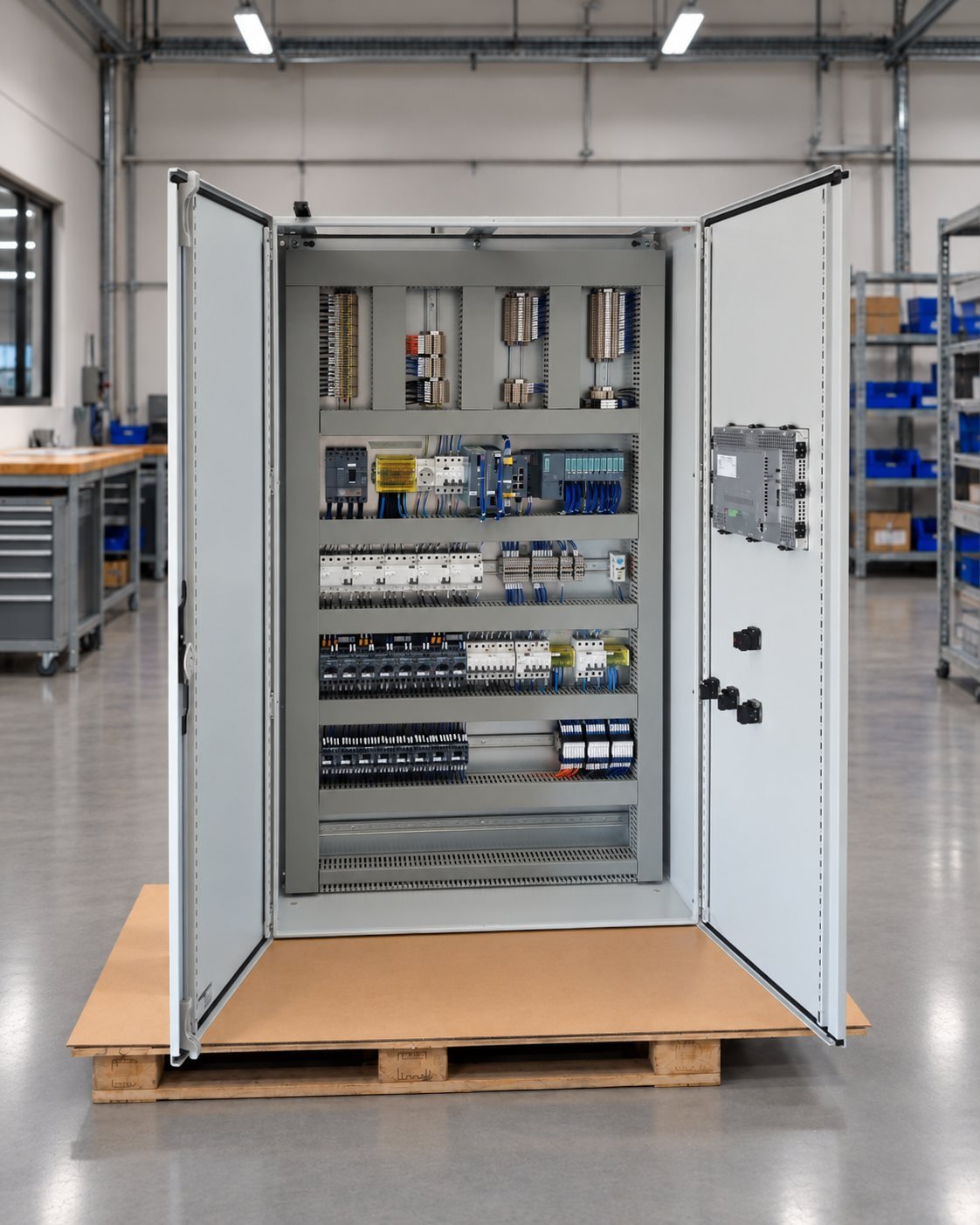 Cuadro eléctrico de control abierto en el taller de ISIME