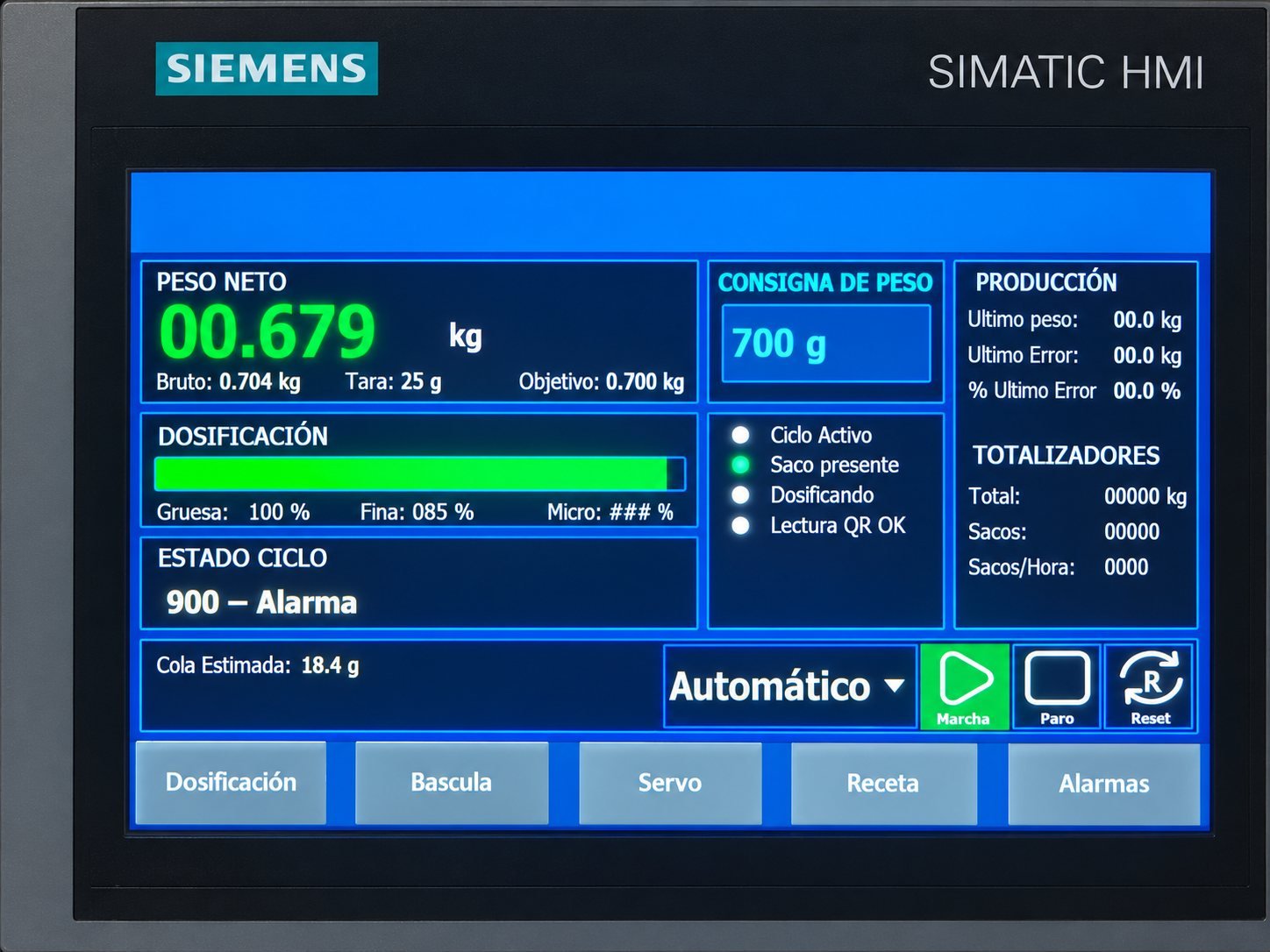 Pantalla HMI Siemens de dosificación por peso