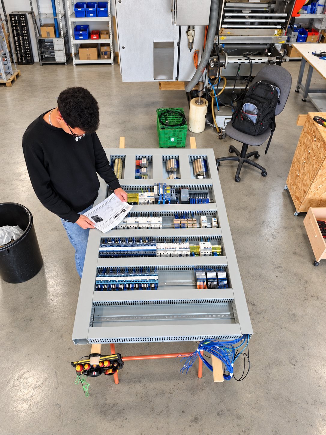 Técnico montando la placa de un cuadro eléctrico en el taller